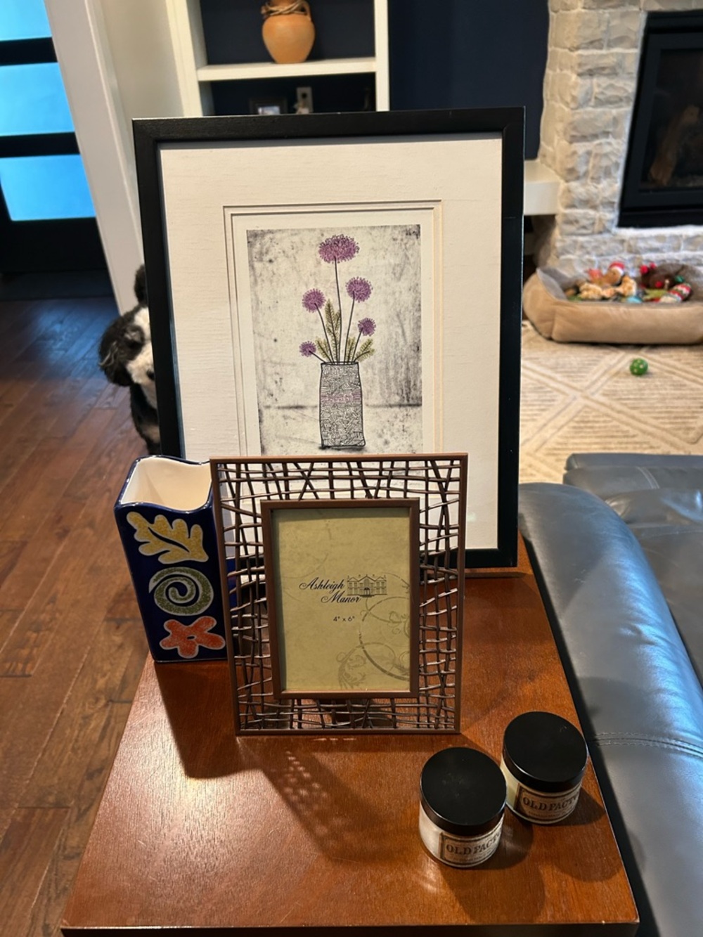 Framed Floral Picture, Woven Photo Frame, Blue Ceramic Vase, Old Factory candles
